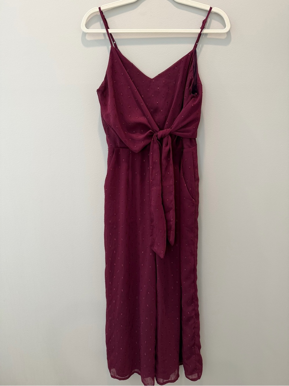 Everly Burgundy Wine Swiss Dot Tie-Front Wide Leg Jumpsuit | Size S